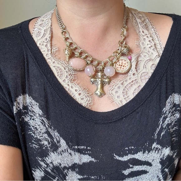 Jewelry - Rose Quartz, Pink Lace Agate, Coral Stone & Brass Gold Brass Pink Charm Necklace